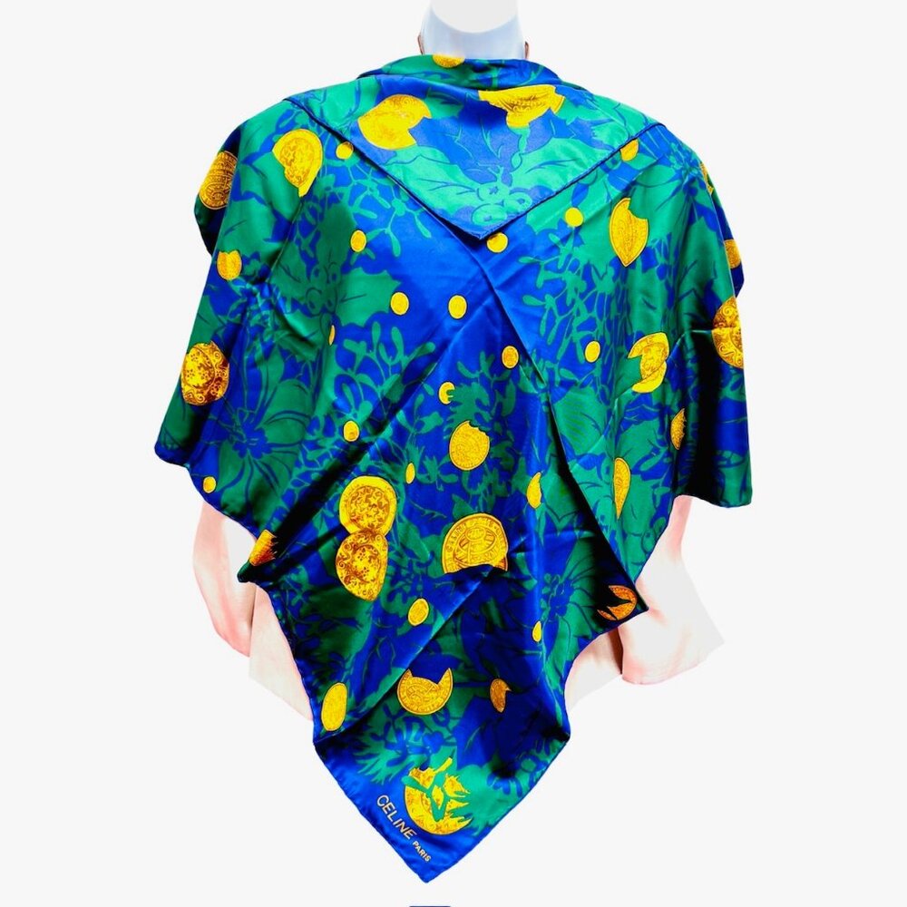 Vgt  Celine Paris 100% Silk Scarf Satin 34"  Green Blue Purple Floral Gold   (38 - Picture 16 of 16